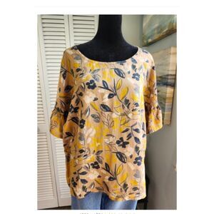 Elena Baldi Linen Floral Blouse Small Yellow Beige Italian Top